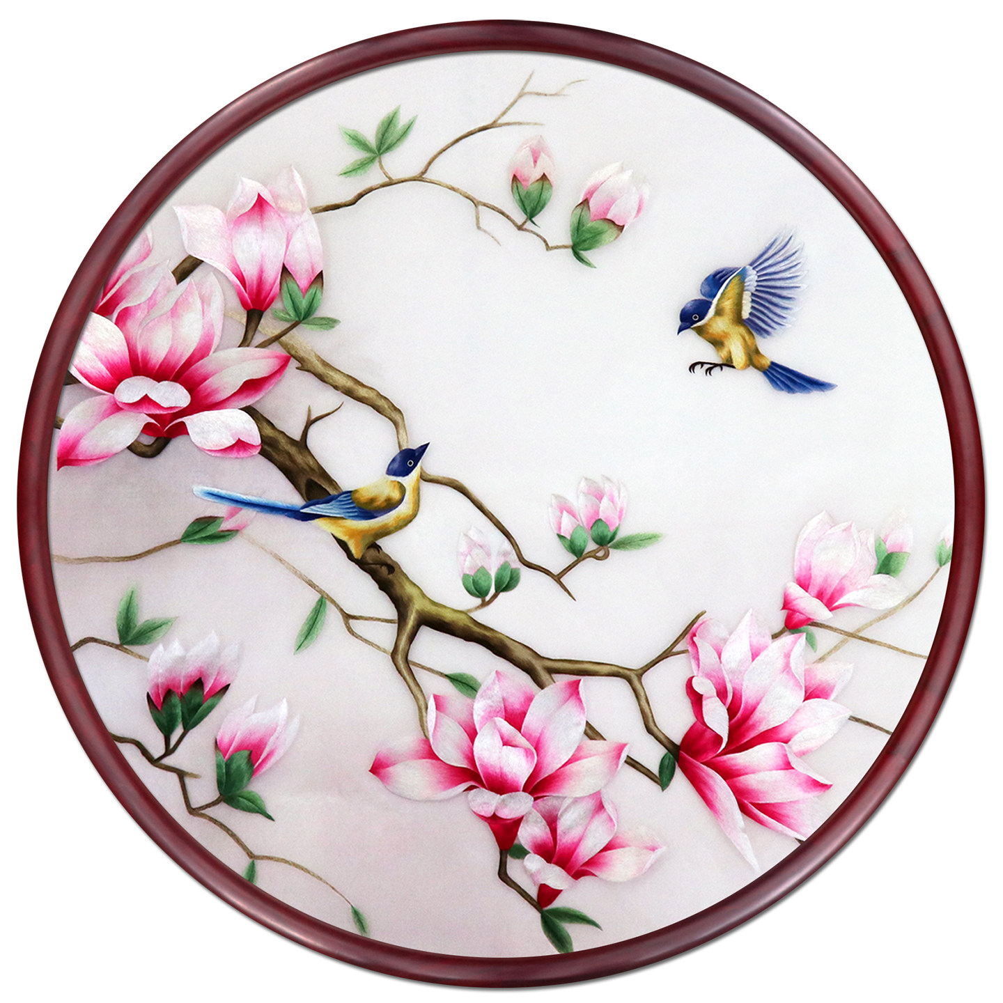 苏绣成品挂画玉兰花鸟玄关屏风隔断中式客厅纯手工真丝圆形刺绣画
