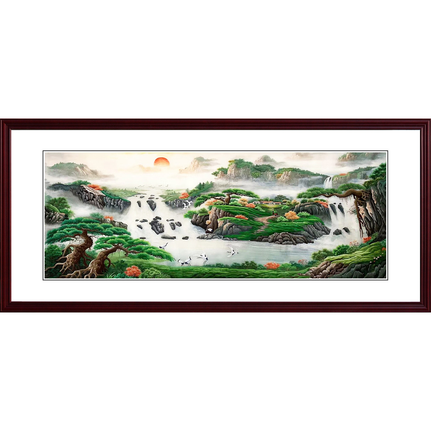 苏绣成品挂画山水风景客厅办公室中式手工丝绣装饰画旭日东升刺绣