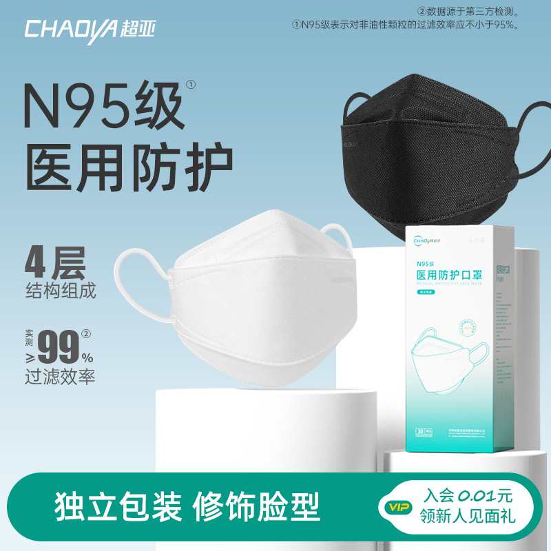 超亚n95级医用防护口罩一次性医疗正品正规白3d立体独立成人鱼型