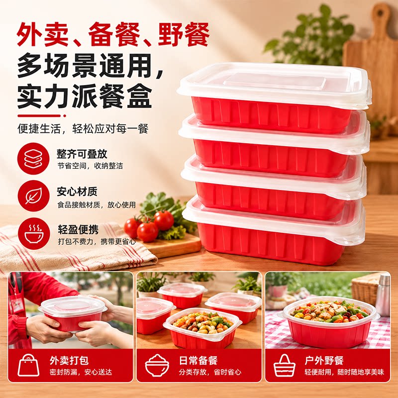 加厚一次性打包盒PP5食品级餐饮家用水果便当方形米饭快餐盒带盖图片