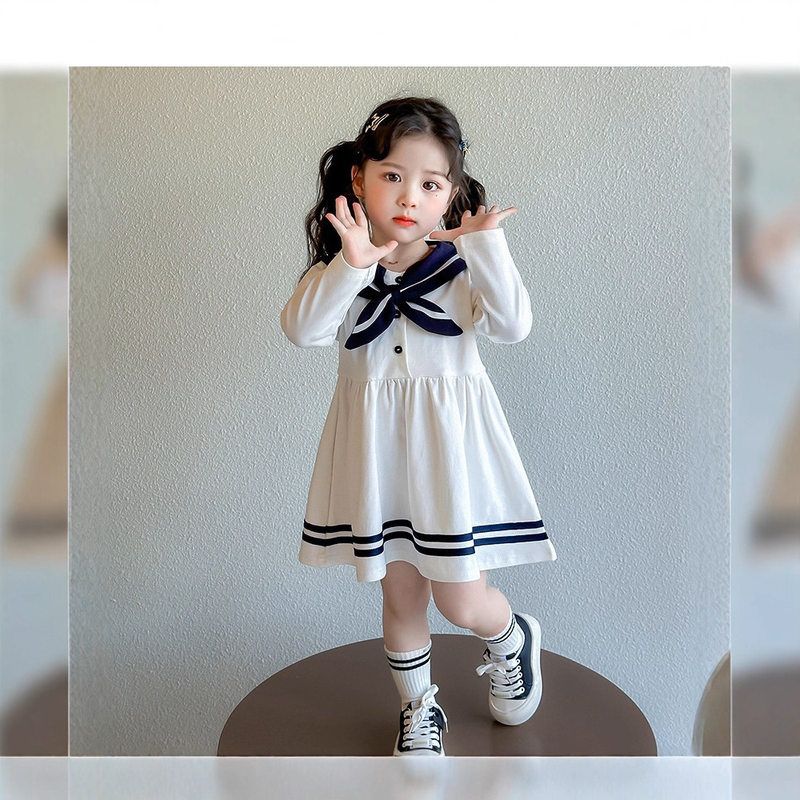 女童连衣裙春秋新款海军领长袖连衣裙小女孩学院风童裙跨境代发
