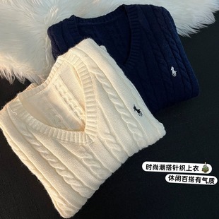 日系复古v领麻花毛衣女秋冬宽松外穿慵懒软糯刺绣针织衫内搭打底