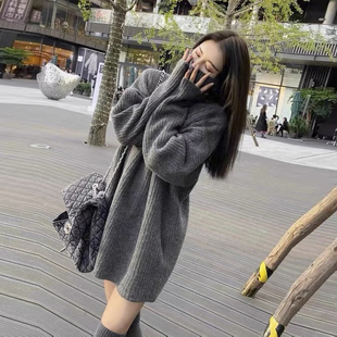 2022年中长款高领毛衣女遮屁股秋冬季堆堆领宽松慵懒风加厚打底衫