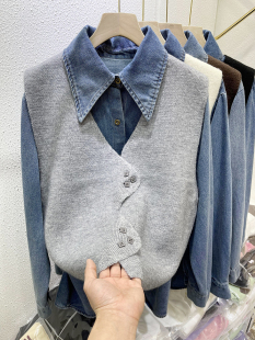 洋气休闲毛衣套装 2023春季 两件套女宽松时尚 针织马甲牛仔衬衫 新款