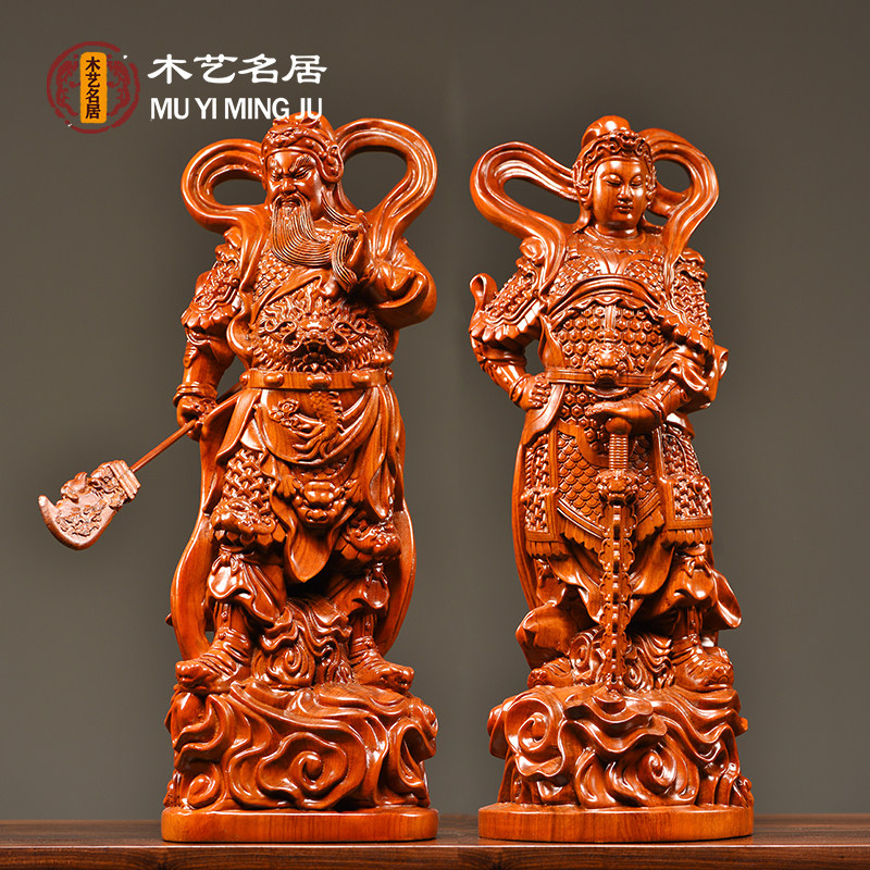 花梨实木质雕刻伽蓝韦陀佛像摆件新中式关公韦陀左右护法寺庙佛堂