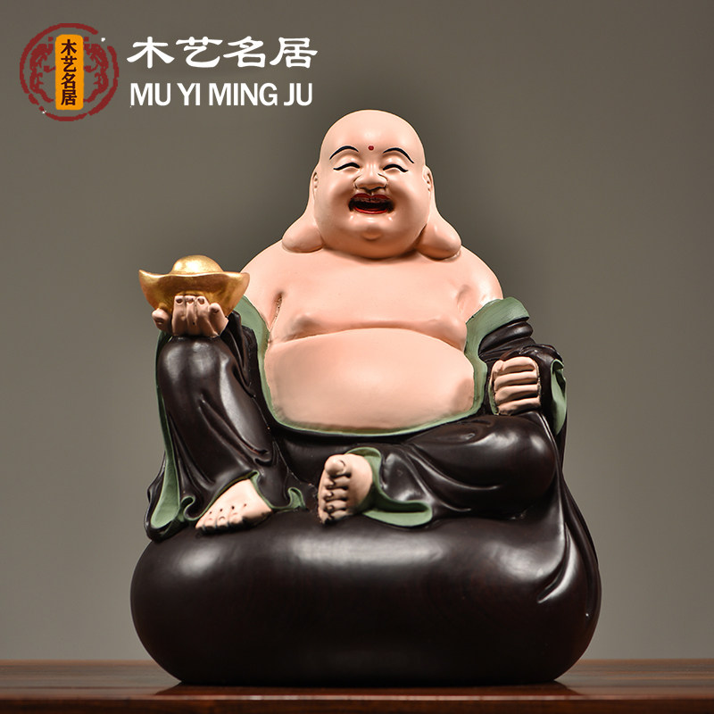 彩绘木雕弥勒佛像实木摆件雕刻布袋佛笑佛客厅家居红木送礼工艺品