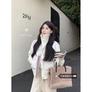 TB针织拼接轻薄棉服女短款2025秋冬新款休闲学院风加厚棉衣外套潮