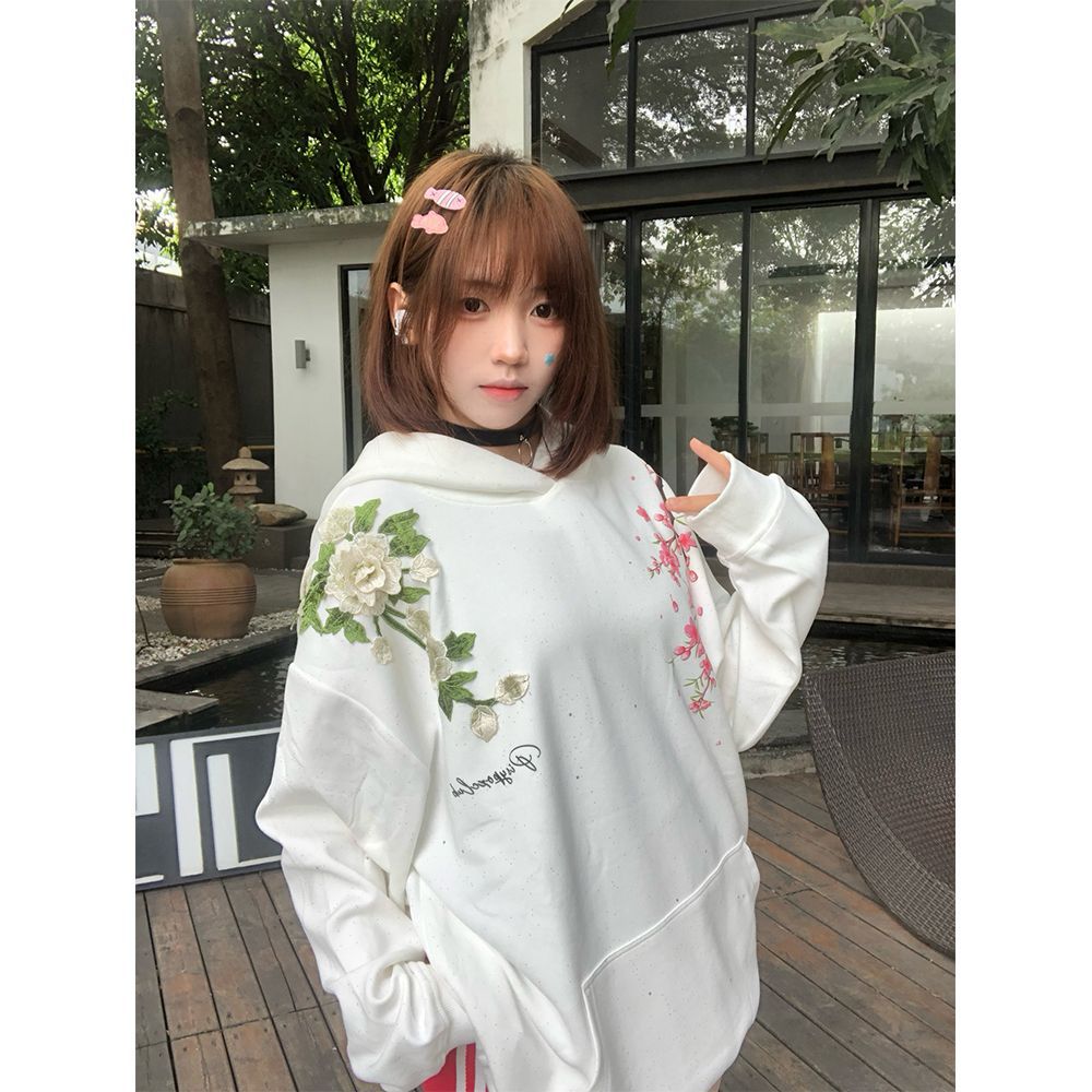 美式重磅立体花卉刺绣满天星连帽卫衣女秋冬加绒加厚宽松帽衫外套