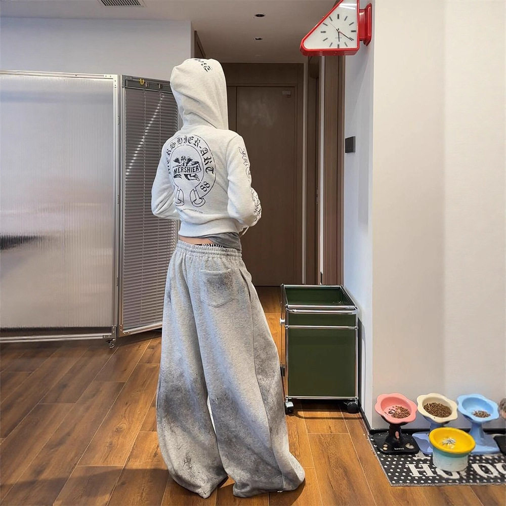 美式复古哥特风朋克连帽卫衣女春秋短款黑色字母印花韩系开衫外套