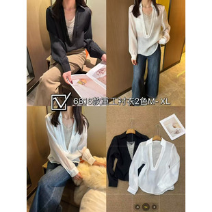 姗姗推荐 春季新款法式流苏串珠洋气设计感洋气百搭翻领衬衫6816