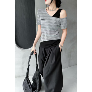 圆领短袖 姗姗推荐 韩版 新款 女圆领漏肩条纹3071 广州欧货春季