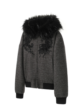 TZ killer Embroidery 兔绒蕾丝绣花棉服 条纹连帽可拆卸毛领外套