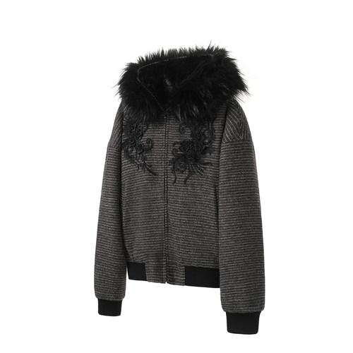 TZ killer Embroidery 兔绒蕾丝绣花棉服 条纹连帽可拆卸毛领外套