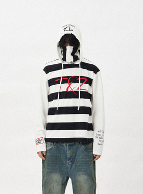 【TZ killer】Stripe黑白条纹连帽刺绣长袖卫衣 短宽长袖宽松上衣