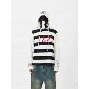 短宽长袖 killer 卫衣 宽松上衣 Stripe黑白条纹连帽刺绣长袖