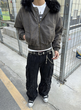 【TZ killer】水洗暗纹迷彩貂绒PU皮棉服外套 宽松连帽棉衣夹克