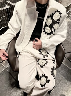 【TZ killer】暗黑复古白色玫瑰花朵西裤 男女宽松直筒休闲长裤