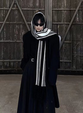 【TZ killer】现货条纹流苏氛围感黑白做旧围脖 保暖冬季兔绒围巾