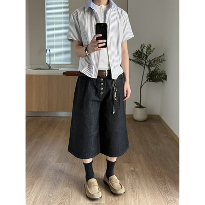 TZ killer  Breasted Raw 原牛排扣七分牛仔裤 宽松百搭A字短裤