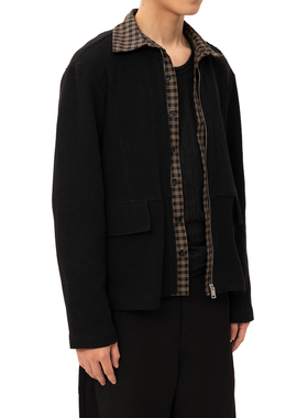 【TZ killer】Layering华夫格短宽长袖衬衫 拼格子层次感上衣夹克