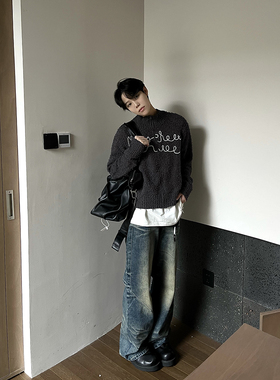 【TZ killer】Folds水洗做旧褶皱感直筒牛仔裤 男女宽松百搭长裤