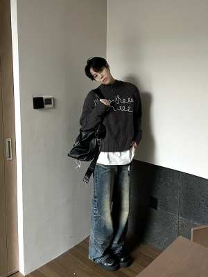 水洗做旧褶皱感直筒牛仔裤