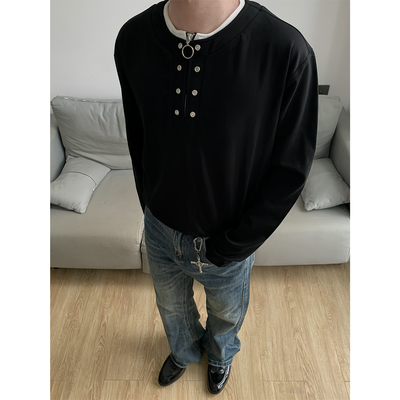 长袖撞色层次感领口拉链上衣