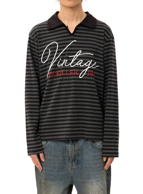 【TZ killer】Stripe Embroidery polo翻领V条纹刺绣长袖宽松上衣