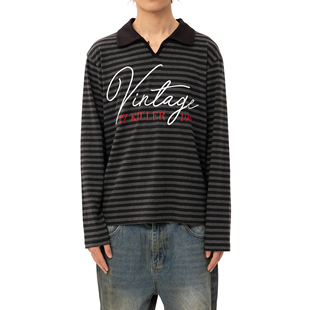 polo翻领V条纹刺绣长袖 killer Embroidery 宽松上衣 Stripe