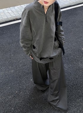 【TZ killer】现货复古刺绣花纹做旧水洗破坏 男女宽松长袖卫衣