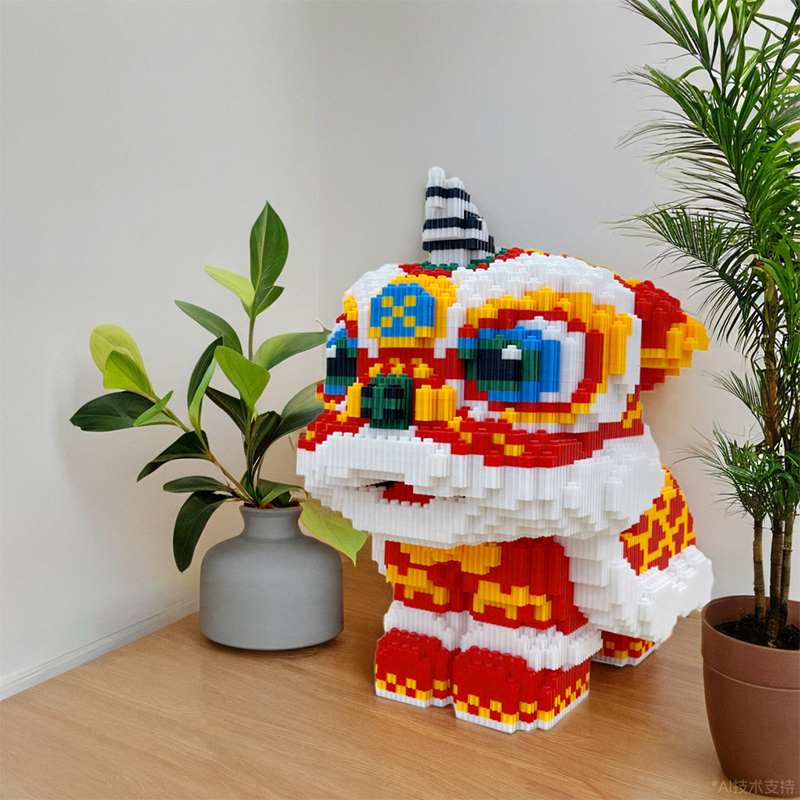 国潮醒狮小颗粒积木摆件礼物