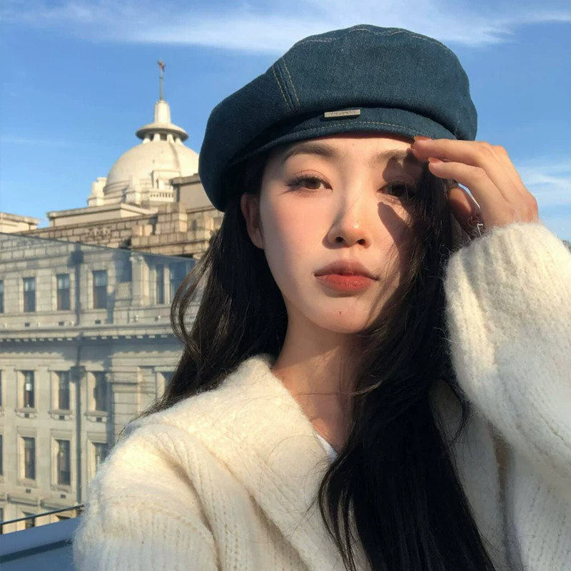秋冬牛仔女贝雷帽显脸小百搭