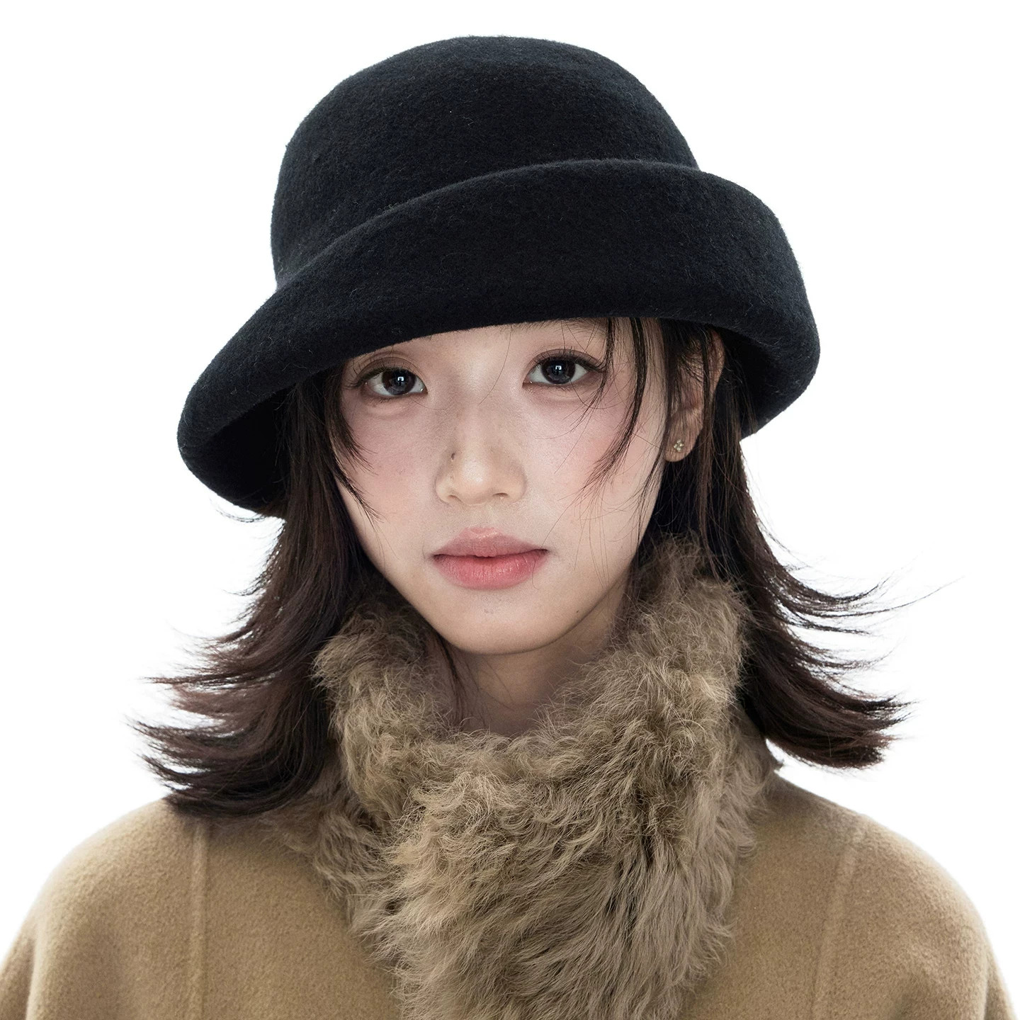 秋冬羊毛卷檐保暖渔夫帽女
