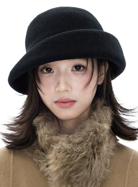 秋冬羊毛卷檐保暖渔夫帽女