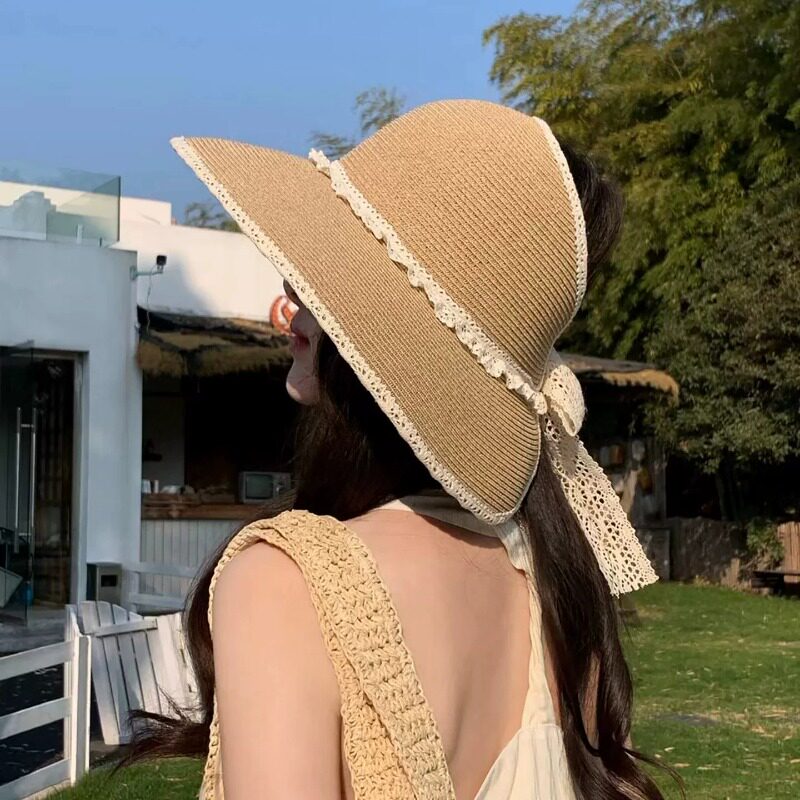 夏季女大檐防晒蝴蝶结空顶草帽