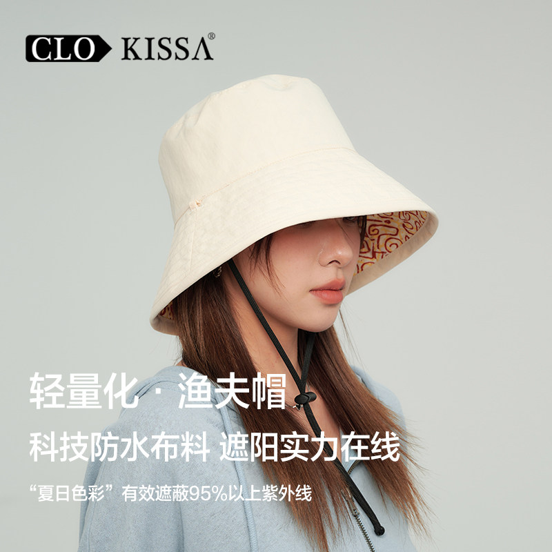 CLO KISSA旅游防晒帽子女大头围渔夫帽大帽檐夏季户外双面遮阳帽