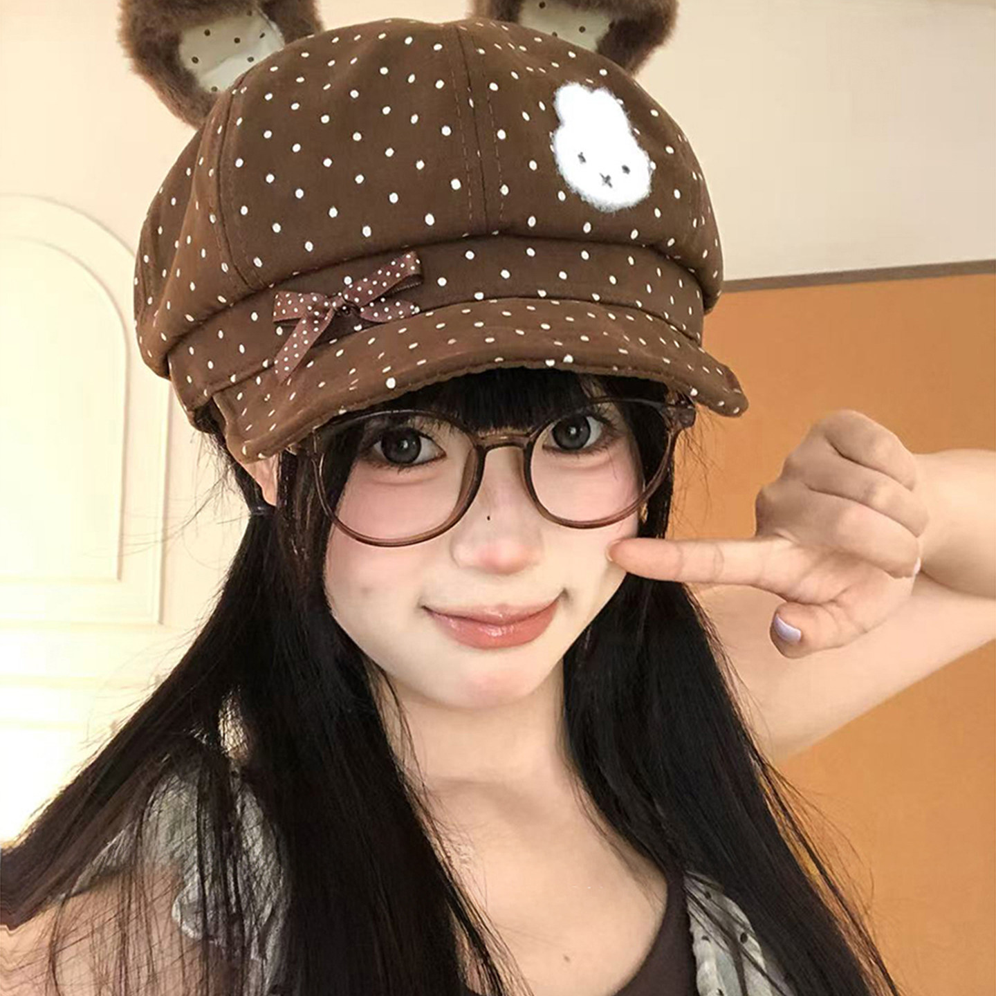 兔耳波点甜美显脸小八角帽女款