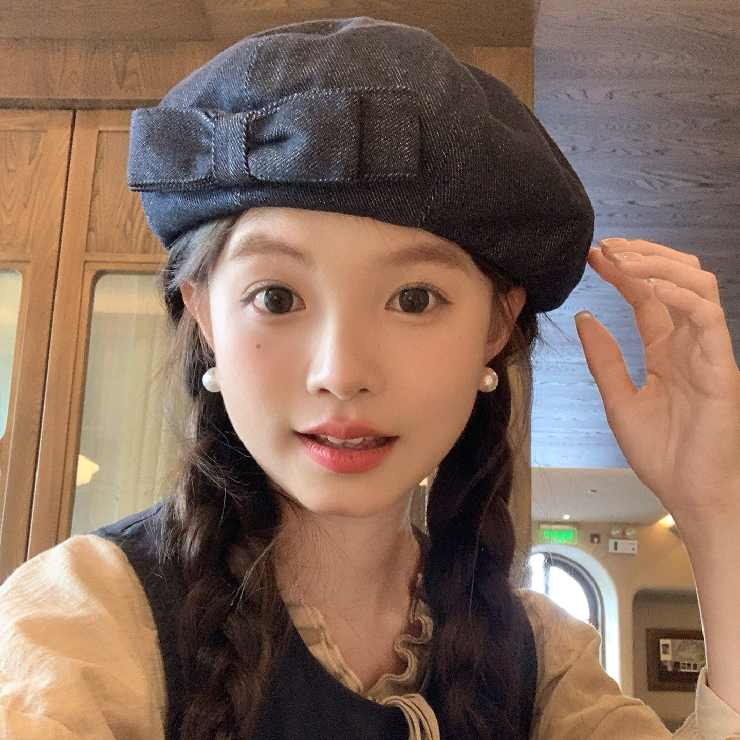 手作牛仔蝴蝶结贝雷帽显脸小