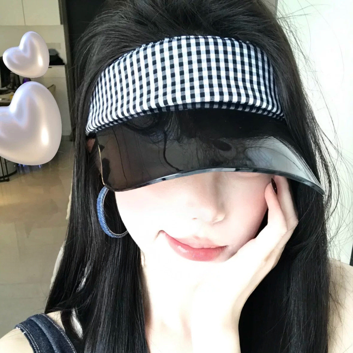 韩版黑白格纹空顶大檐防晒帽女