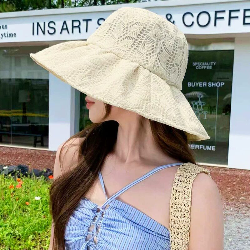 夏季蕾丝透气大檐防晒渔夫帽女