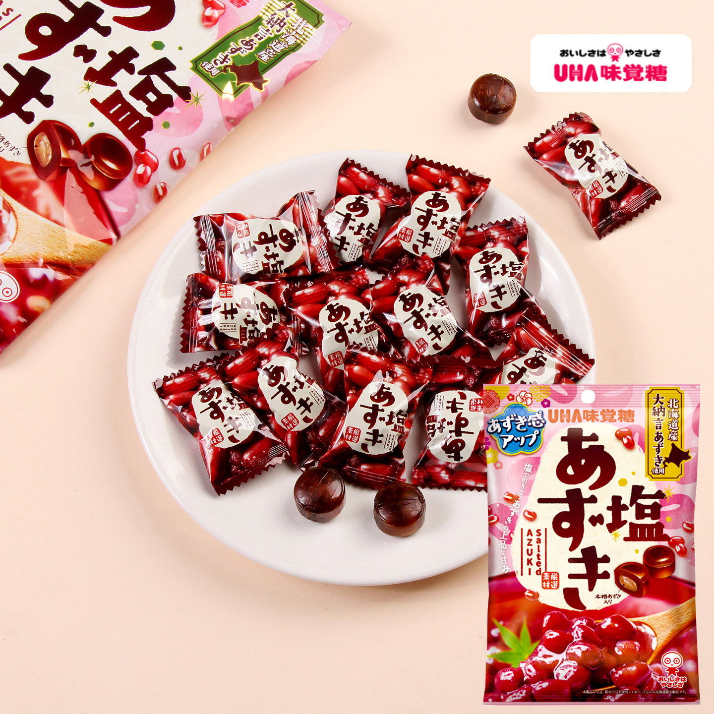 日本进口UHA味觉糖悠哈盐红豆夹心硬糖黑糖北海道赤豆休闲小零食