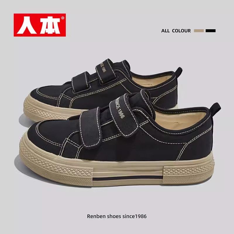 人本魔术贴帆布鞋女2025春季新款板鞋厚底女鞋休闲运动爆款鞋子潮