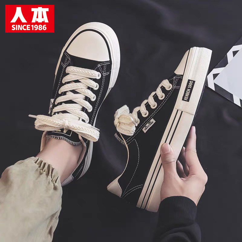 人本帆布鞋男款小白鞋男鞋2025年秋季情侣款鞋子男士板鞋休闲潮鞋