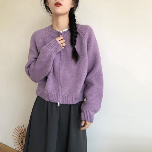 韩系圆领拉链毛衣外套女宽松2025秋冬季新款纯色针织开衫上衣外穿