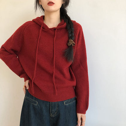 毛衣女款秋冬季复古日系慵懒风宽松外穿小个子连帽针织衫上衣加厚