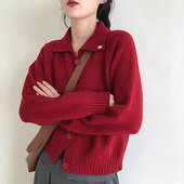 上衣 韩系纯色翻领软糯针织开衫 慵懒风宽松毛衣外套女2025秋季 新款