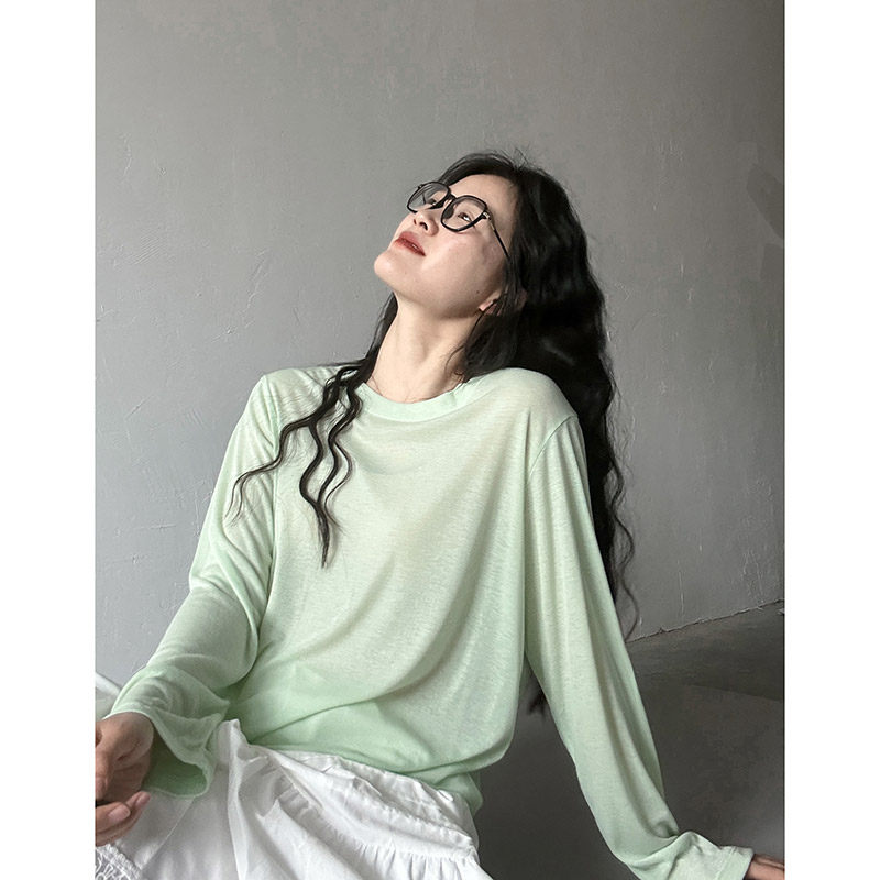 慵懒风长袖T恤女宽松防晒罩衫轻薄透气绿色上衣