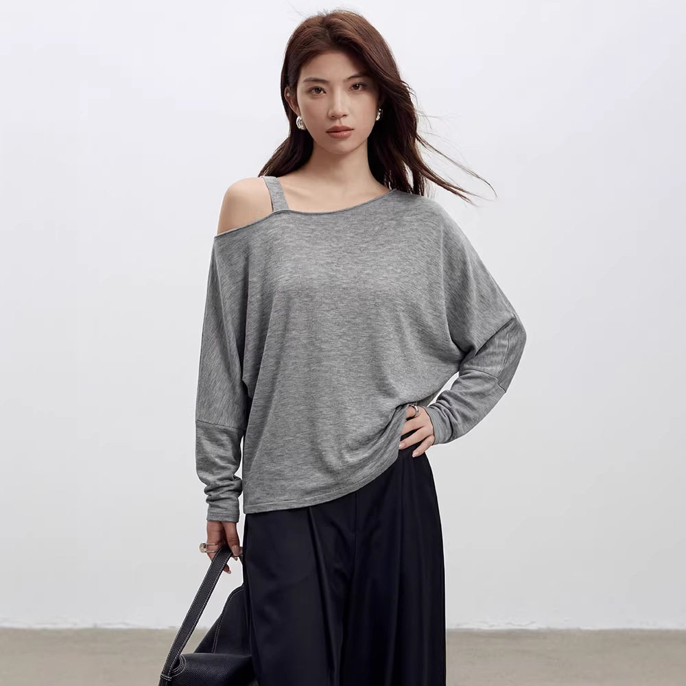 美式吊肩长袖t恤女外穿羊毛针织衫2026春装新款女装大码宽松上衣