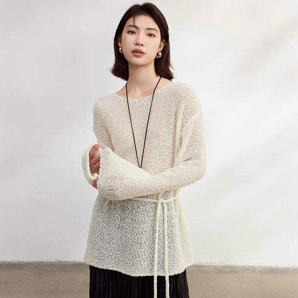 肌理感特种纱羊毛针织衫女春季新款松弛感吊肩长袖一字领防晒