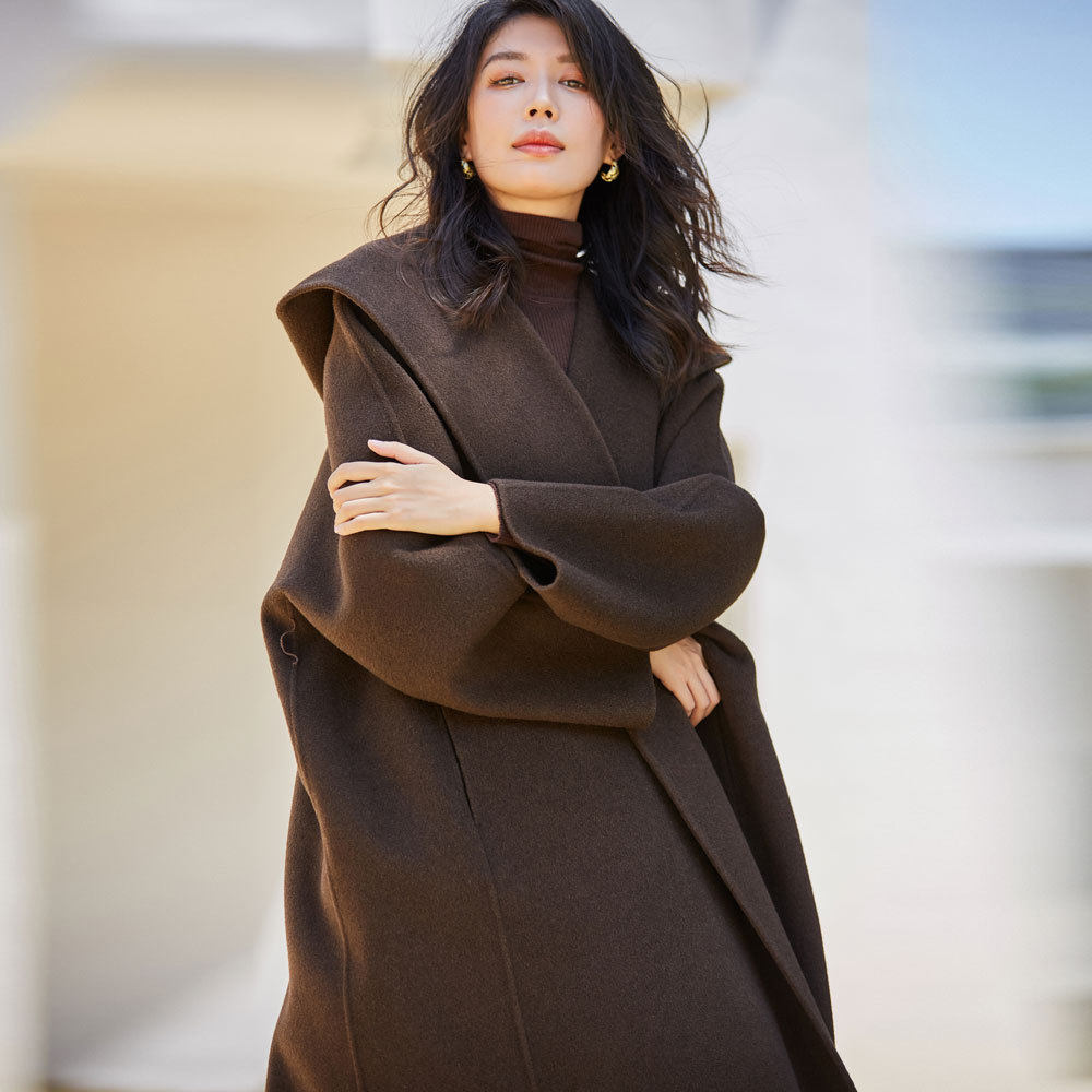 冬装牦牛绒连帽粗狂美御寒保暖纯色双面呢长款高端毛呢外套大衣女